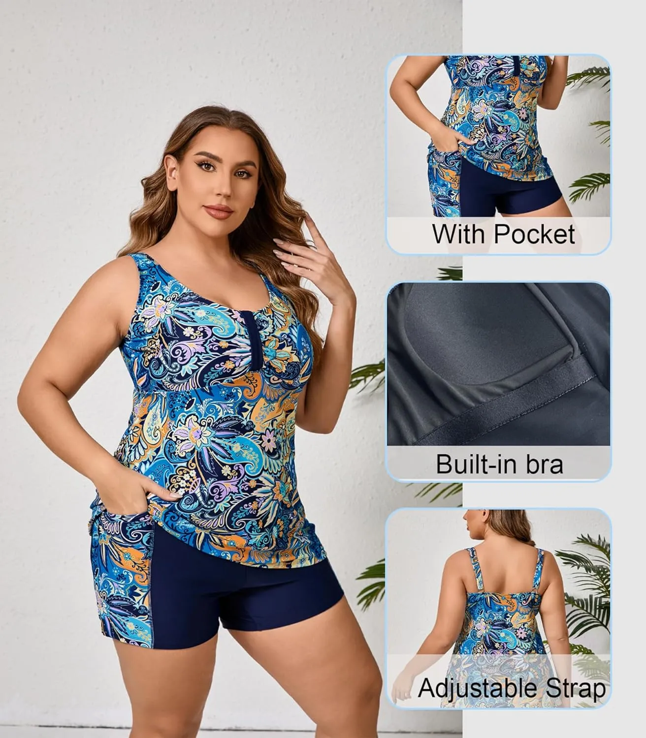 Halcurt Women's Plus Size Two Piece Bathing Suits Tankini Set with Shorts Pocket Tummy Control Swimsuit