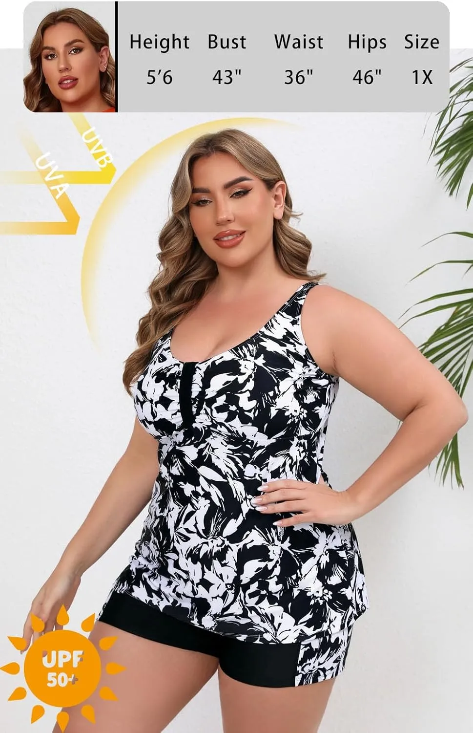 Halcurt Women's Plus Size Two Piece Bathing Suits Tankini Set with Shorts Pocket Tummy Control Swimsuit