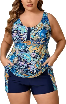 Halcurt Women's Plus Size Two Piece Bathing Suits Tankini Set with Shorts Pocket Tummy Control Swimsuit