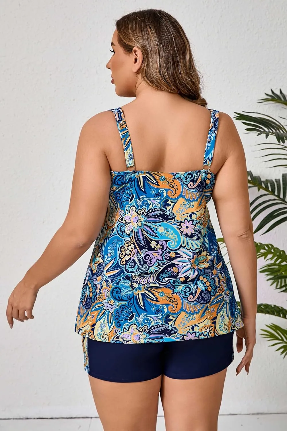 Halcurt Women's Plus Size Two Piece Bathing Suits Tankini Set with Shorts Pocket Tummy Control Swimsuit