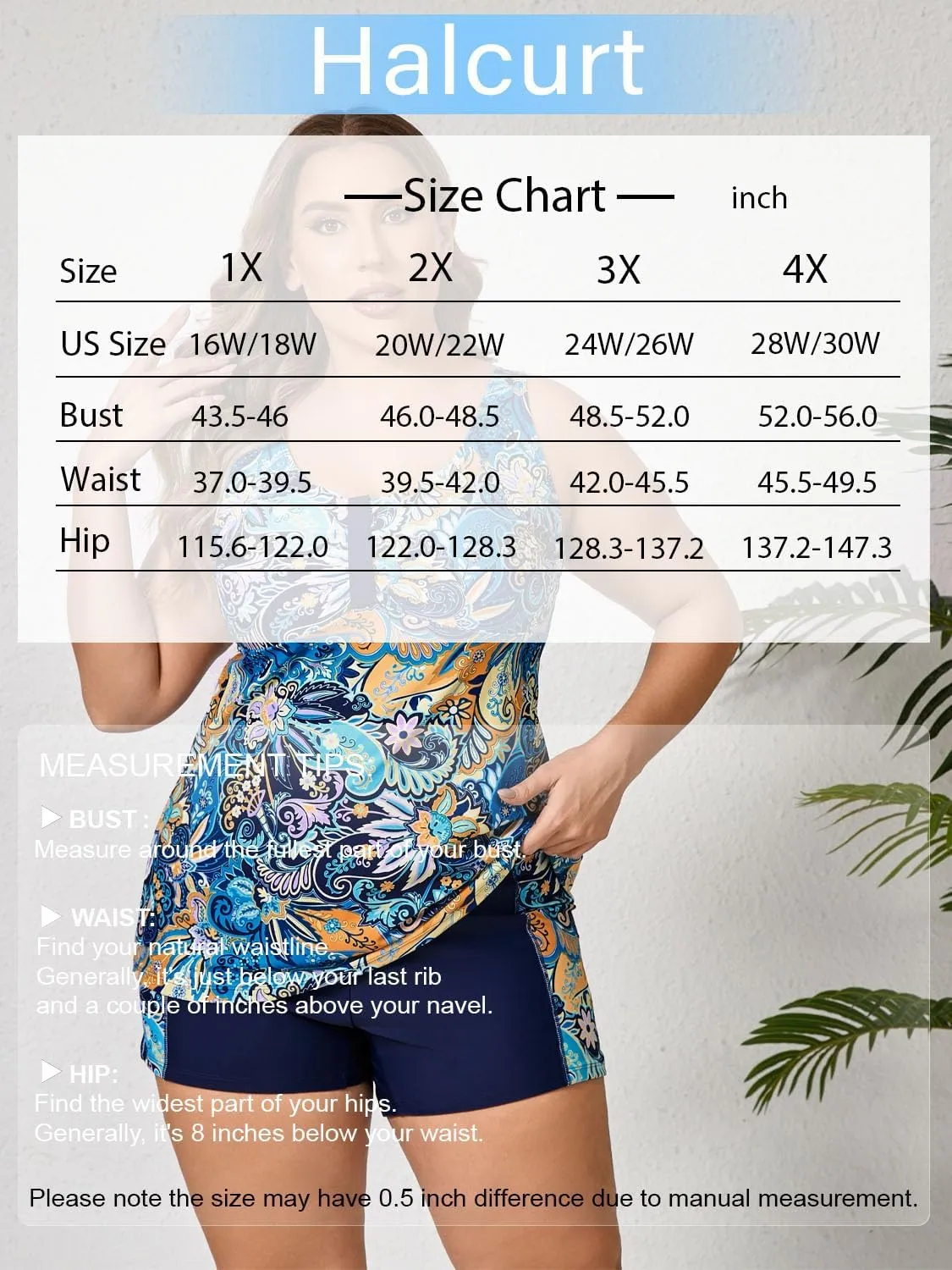 Halcurt Women's Plus Size Two Piece Bathing Suits Tankini Set with Shorts Pocket Tummy Control Swimsuit