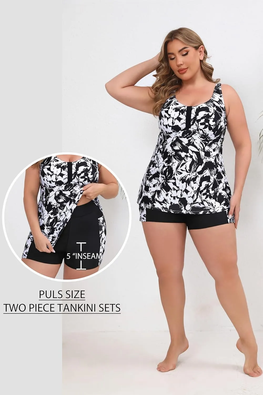 Halcurt Women's Plus Size Two Piece Bathing Suits Tankini Set with Shorts Pocket Tummy Control Swimsuit