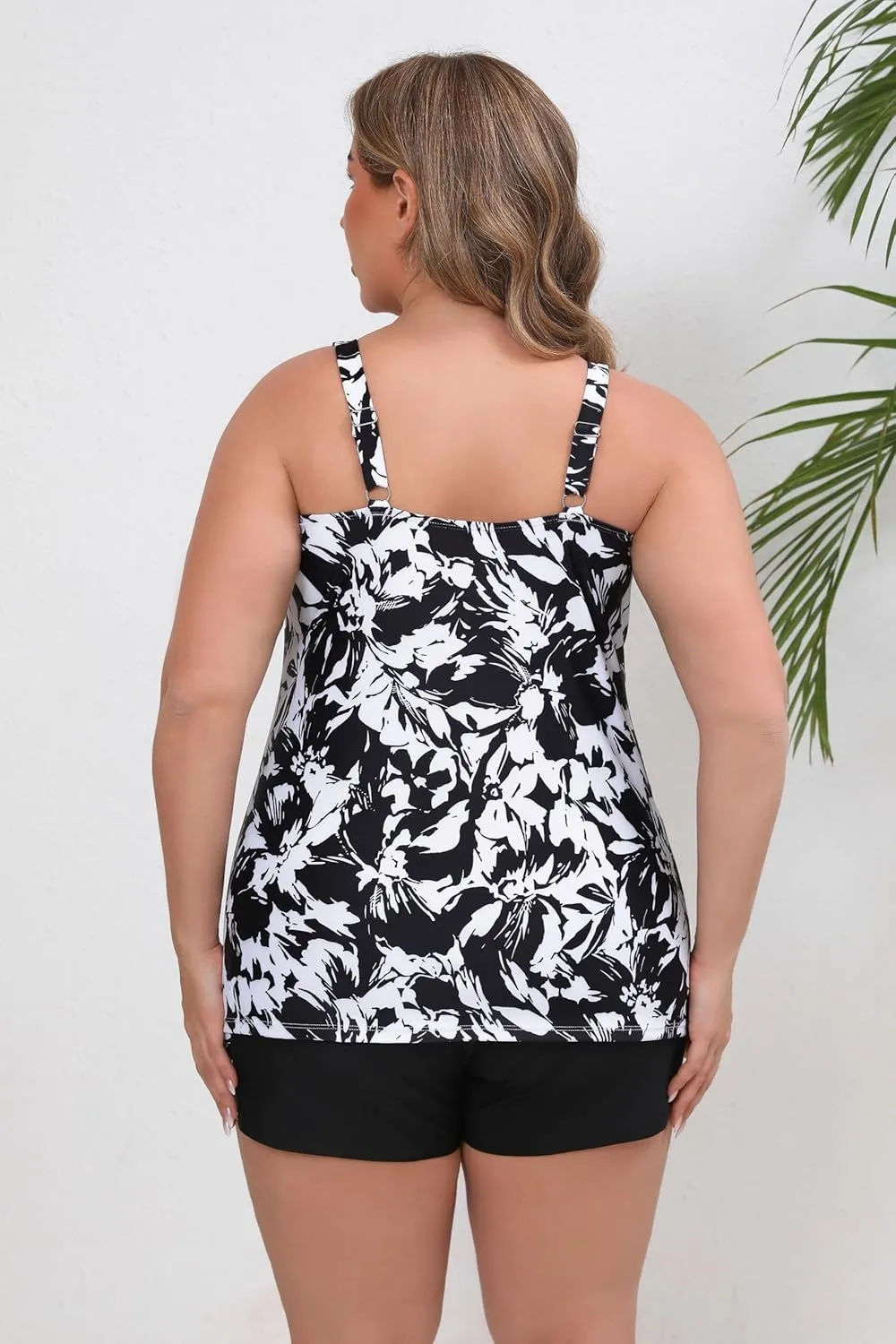 Halcurt Women's Plus Size Two Piece Bathing Suits Tankini Set with Shorts Pocket Tummy Control Swimsuit