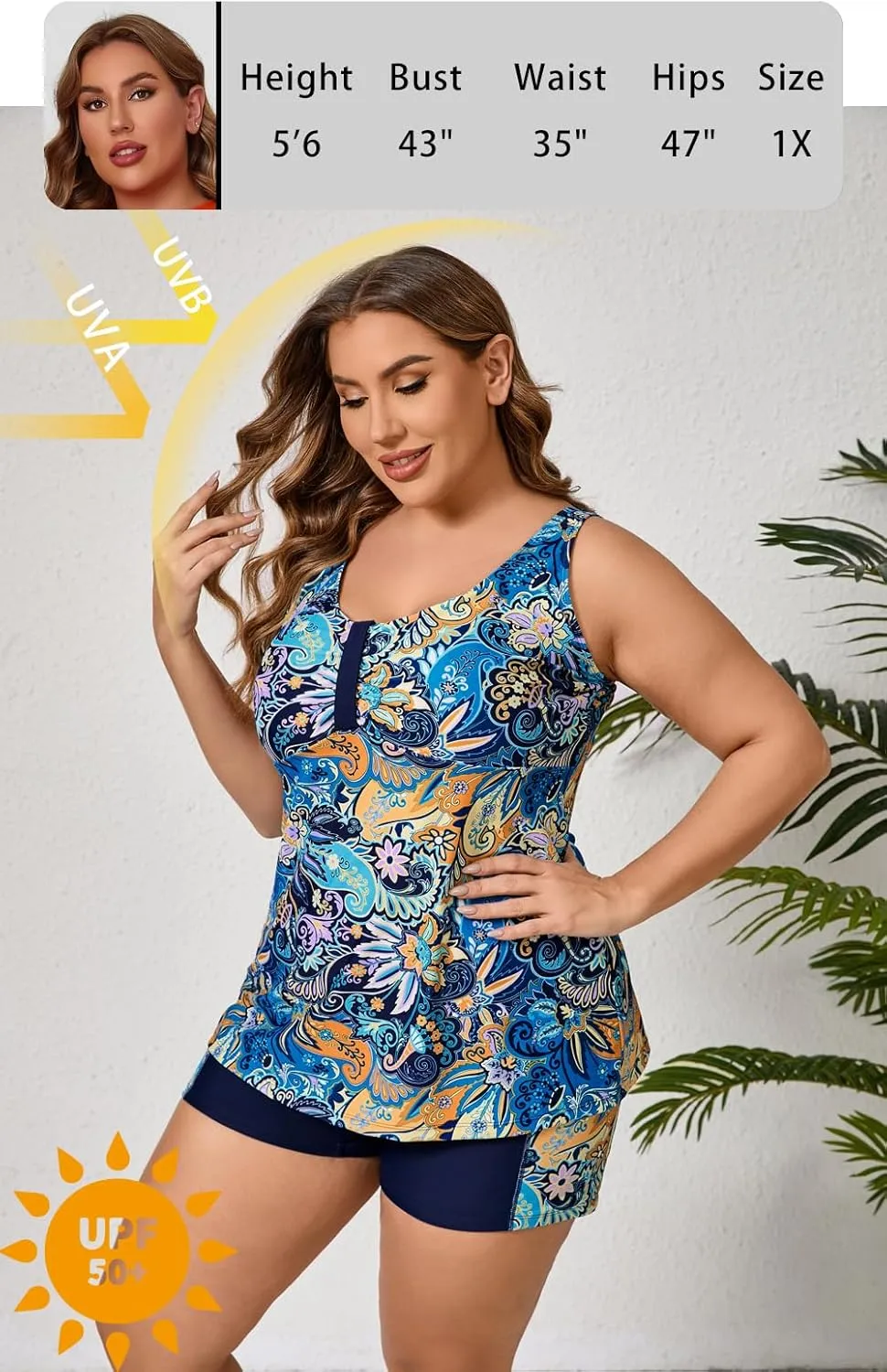 Halcurt Women's Plus Size Two Piece Bathing Suits Tankini Set with Shorts Pocket Tummy Control Swimsuit