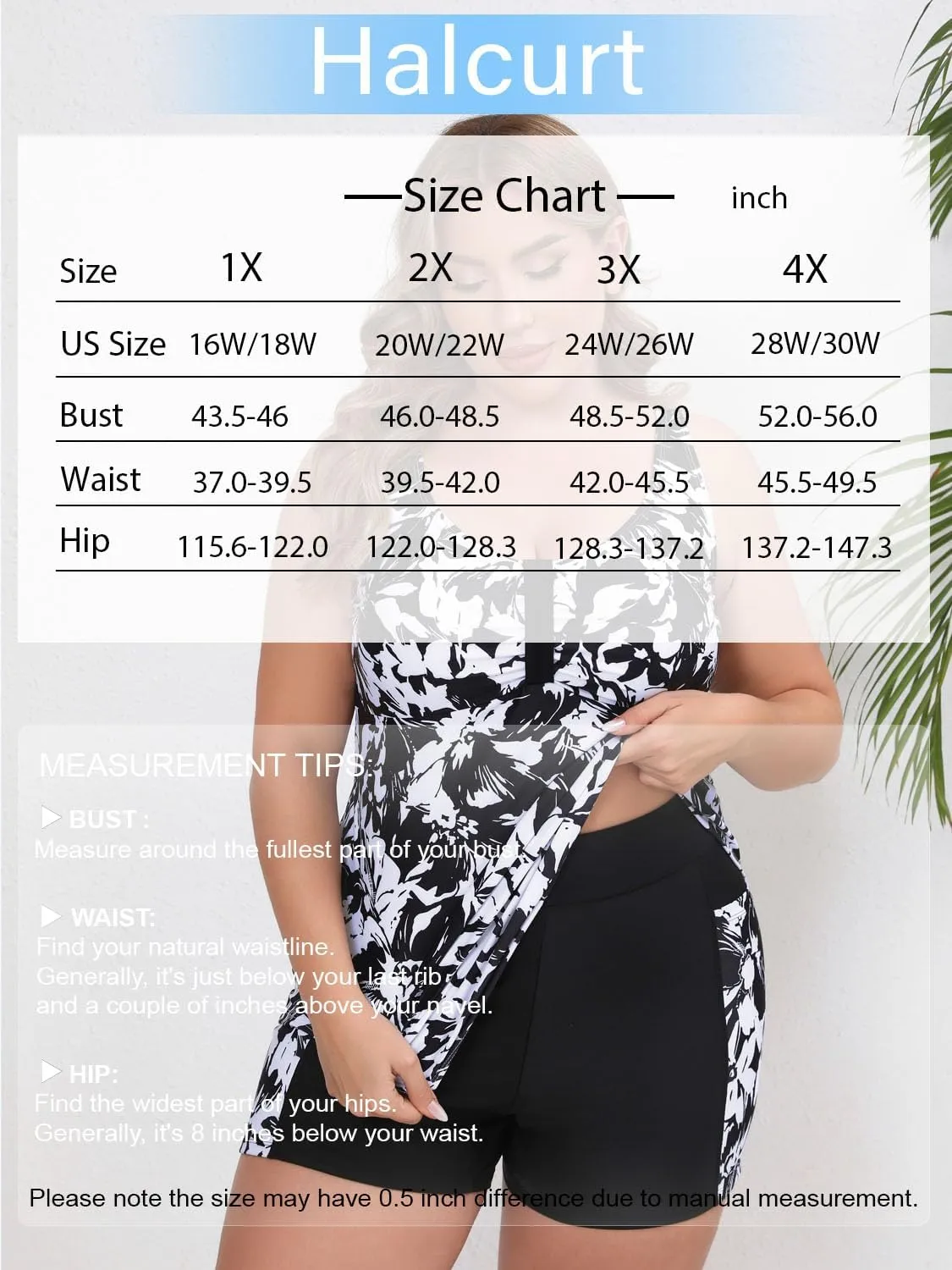 Halcurt Women's Plus Size Two Piece Bathing Suits Tankini Set with Shorts Pocket Tummy Control Swimsuit