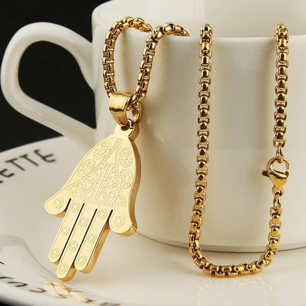 HZMAN Khamsah Stainless Steel Egyptian Eye Fatima Hamsa Hand Pendant Necklace Success and Protection Lucky