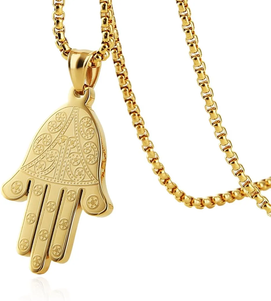 HZMAN Khamsah Stainless Steel Egyptian Eye Fatima Hamsa Hand Pendant Necklace Success and Protection Lucky