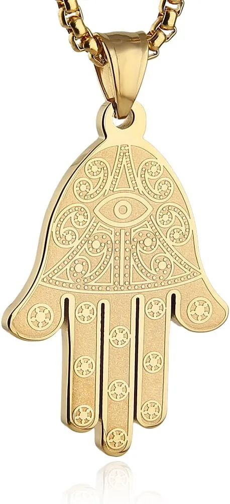 HZMAN Khamsah Stainless Steel Egyptian Eye Fatima Hamsa Hand Pendant Necklace Success and Protection Lucky