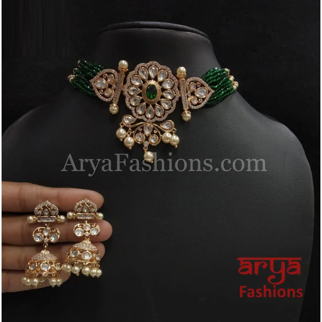 Jadau Rajwadi Pacchi Kundan CZ Choker/ Emerald CZ Kundan Jadau Choker
