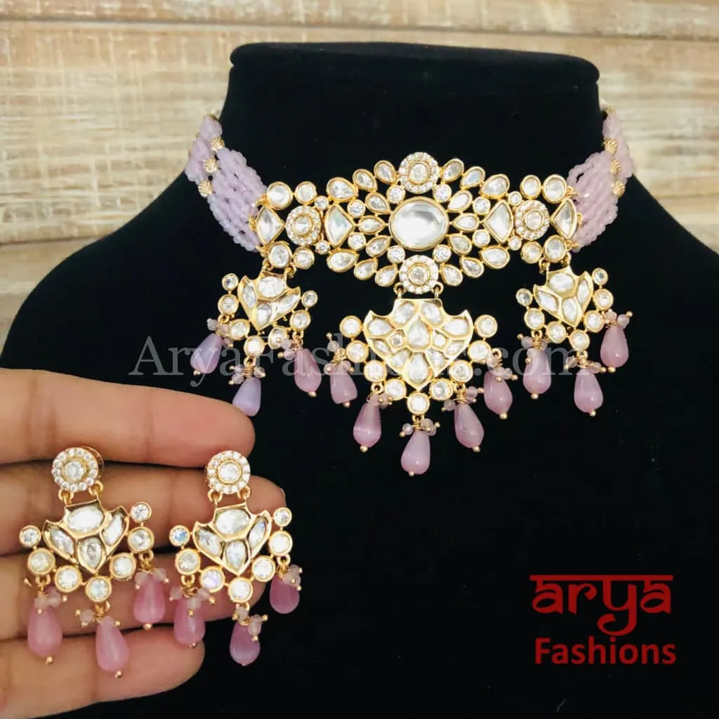 Jadau Rajwadi Pacchi Kundan CZ Choker/ Pink Choker/ Yellow Kundan Choker