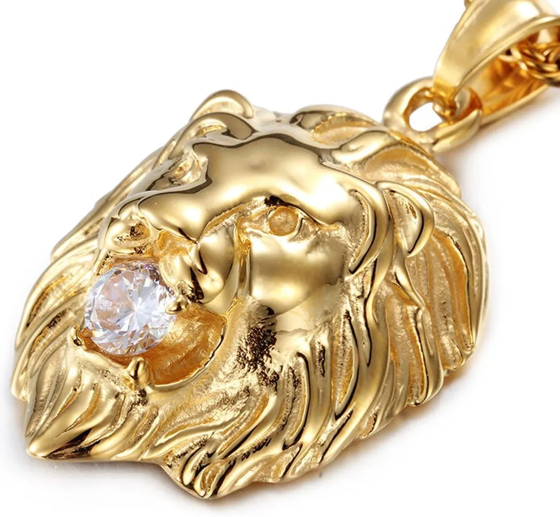 Jewelry Kingdom 1 Mens Necklace Lion Pendant Necklace, Bigger in Size, Silver Plated Stainless Steel, 3PCS Shiny CZ Diamonds, Comes with Rope Chain 24??and in a Gift Box