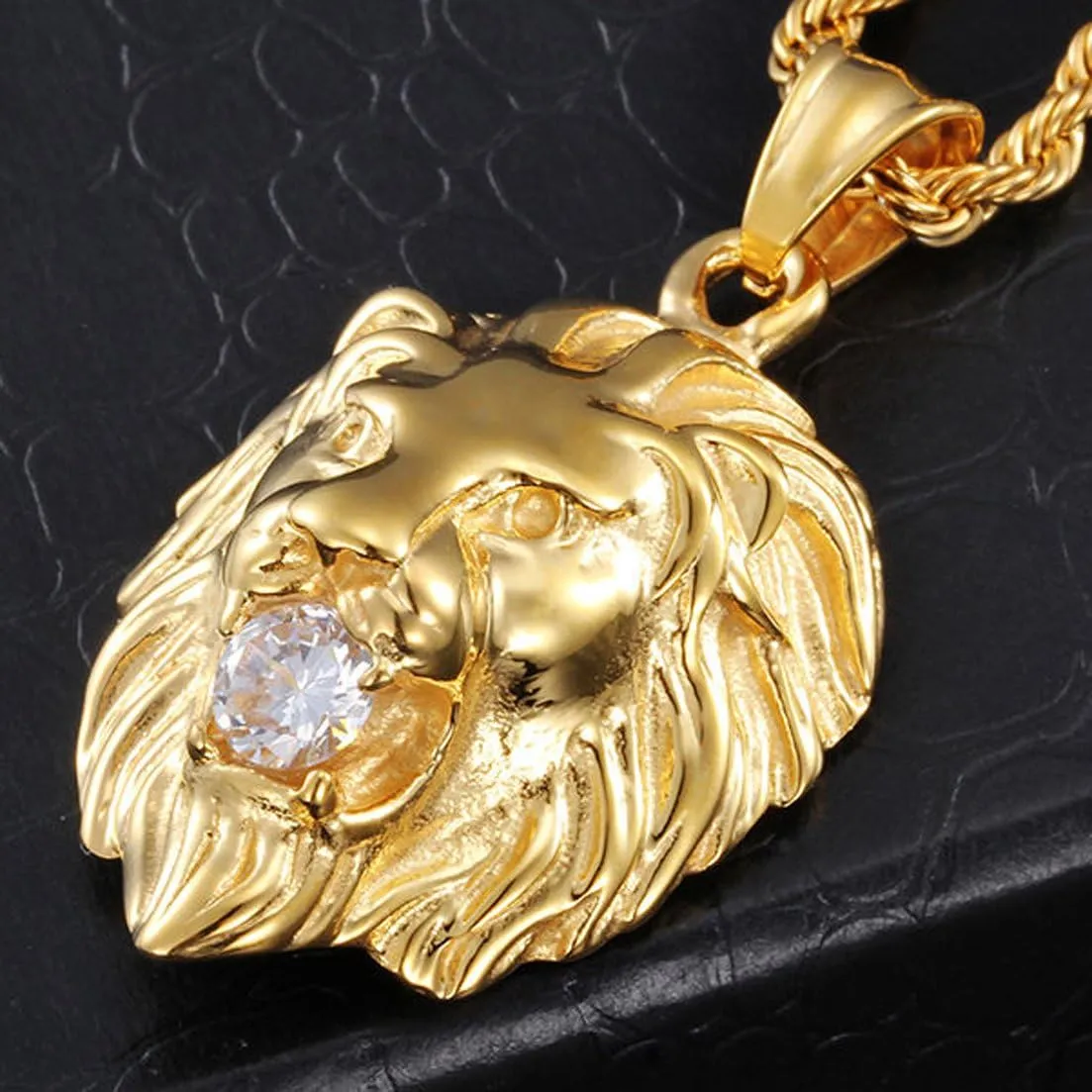 Jewelry Kingdom 1 Mens Necklace Lion Pendant Necklace, Bigger in Size, Silver Plated Stainless Steel, 3PCS Shiny CZ Diamonds, Comes with Rope Chain 24??and in a Gift Box