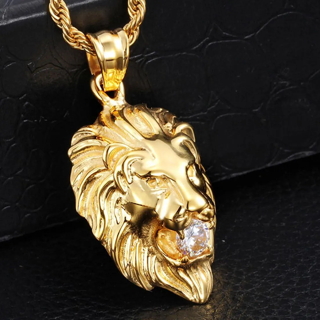 Jewelry Kingdom 1 Mens Necklace Lion Pendant Necklace, Bigger in Size, Silver Plated Stainless Steel, 3PCS Shiny CZ Diamonds, Comes with Rope Chain 24??and in a Gift Box