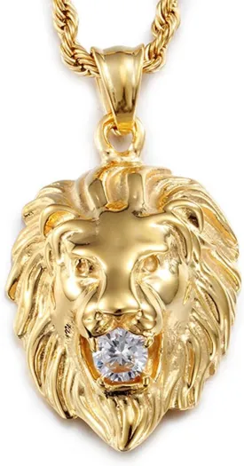 Jewelry Kingdom 1 Mens Necklace Lion Pendant Necklace, Bigger in Size, Silver Plated Stainless Steel, 3PCS Shiny CZ Diamonds, Comes with Rope Chain 24??and in a Gift Box