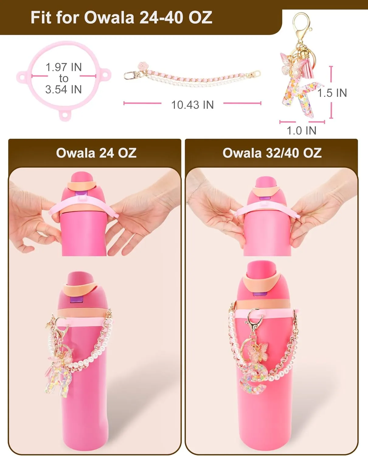 Letter Accessories for Owala Water Bottle 24-40oz, 3PC Cute Initial Keychain & Water Bottle Handle Strap with a Thick Elastic Silicone Ring Holder