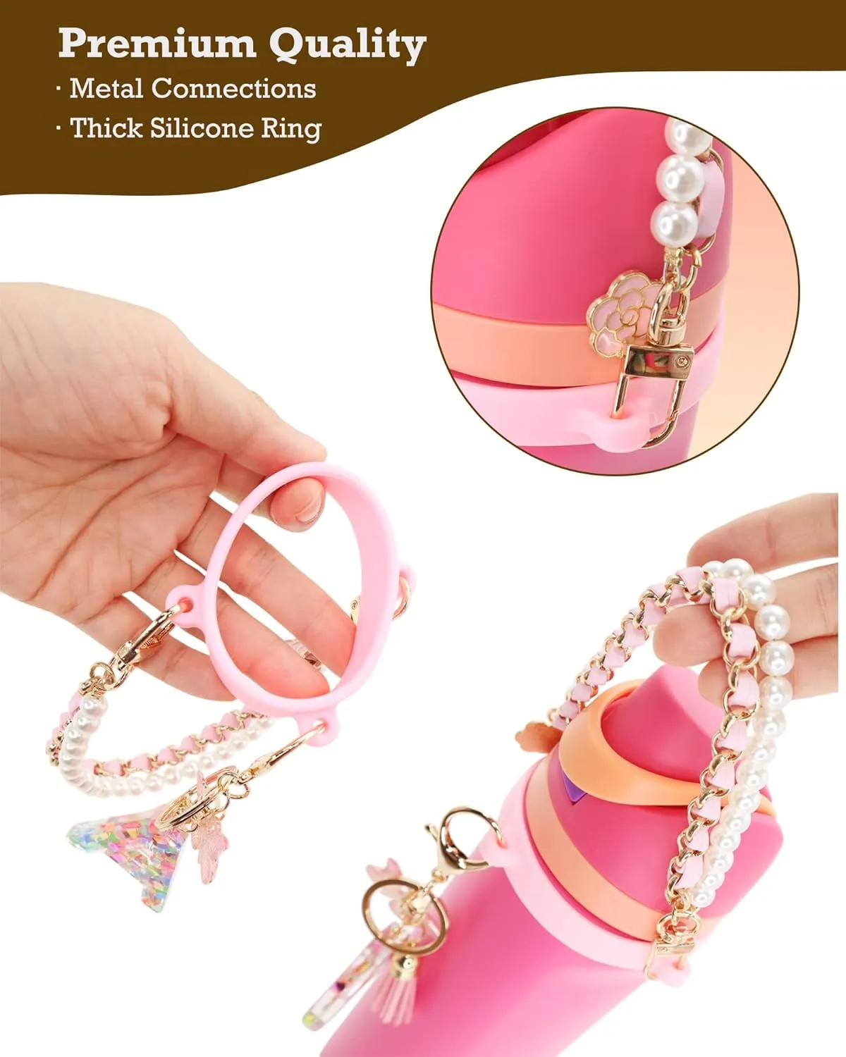 Letter Accessories for Owala Water Bottle 24-40oz, 3PC Cute Initial Keychain & Water Bottle Handle Strap with a Thick Elastic Silicone Ring Holder