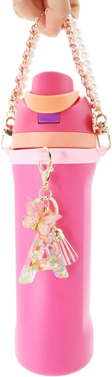 Letter Accessories for Owala Water Bottle 24-40oz, 3PC Cute Initial Keychain & Water Bottle Handle Strap with a Thick Elastic Silicone Ring Holder