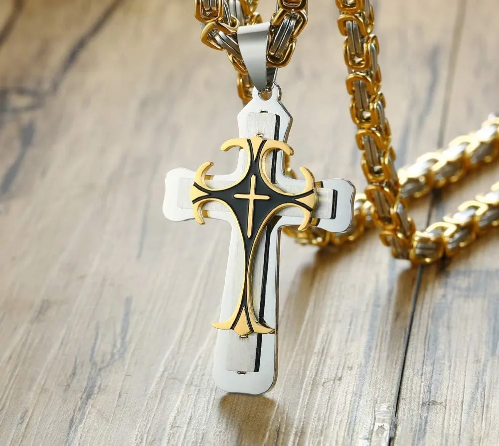 MEALGUET Stainless Steel Crucifix Cross Pendant Necklace,Men's Cross Necklace with Chunky Byzantine Chain/Rolo Chain, Gift for Men