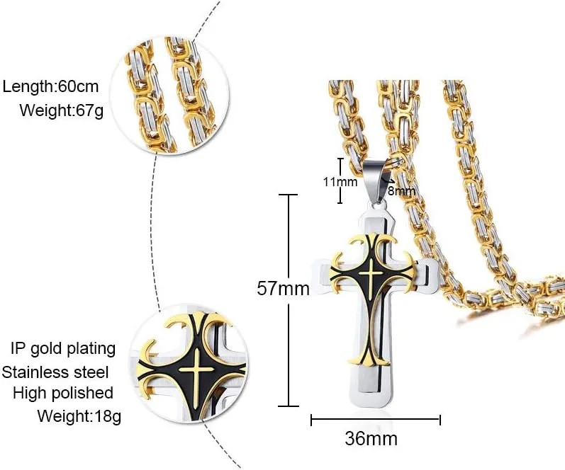MEALGUET Stainless Steel Crucifix Cross Pendant Necklace,Men's Cross Necklace with Chunky Byzantine Chain/Rolo Chain, Gift for Men