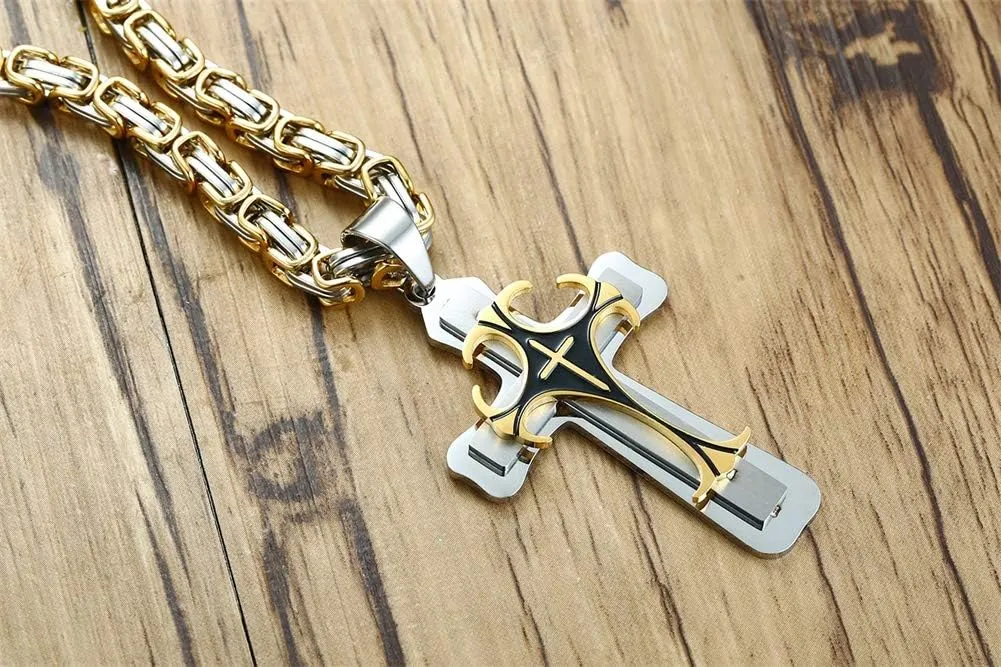 MEALGUET Stainless Steel Crucifix Cross Pendant Necklace,Men's Cross Necklace with Chunky Byzantine Chain/Rolo Chain, Gift for Men