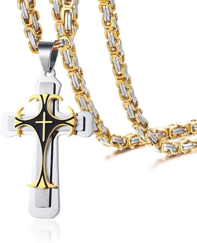 MEALGUET Stainless Steel Crucifix Cross Pendant Necklace,Men's Cross Necklace with Chunky Byzantine Chain/Rolo Chain, Gift for Men