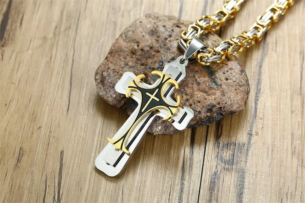 MEALGUET Stainless Steel Crucifix Cross Pendant Necklace,Men's Cross Necklace with Chunky Byzantine Chain/Rolo Chain, Gift for Men