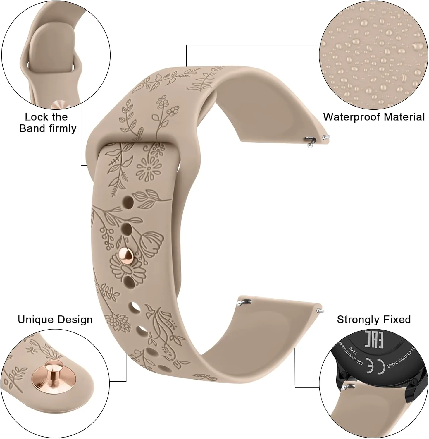 Meliya Silicone Watch Bands Quick Release 20mm 22mm Bands, Floral Engraved Soft Silicone Rubber Sport Replacement Watch Strap for Women Men