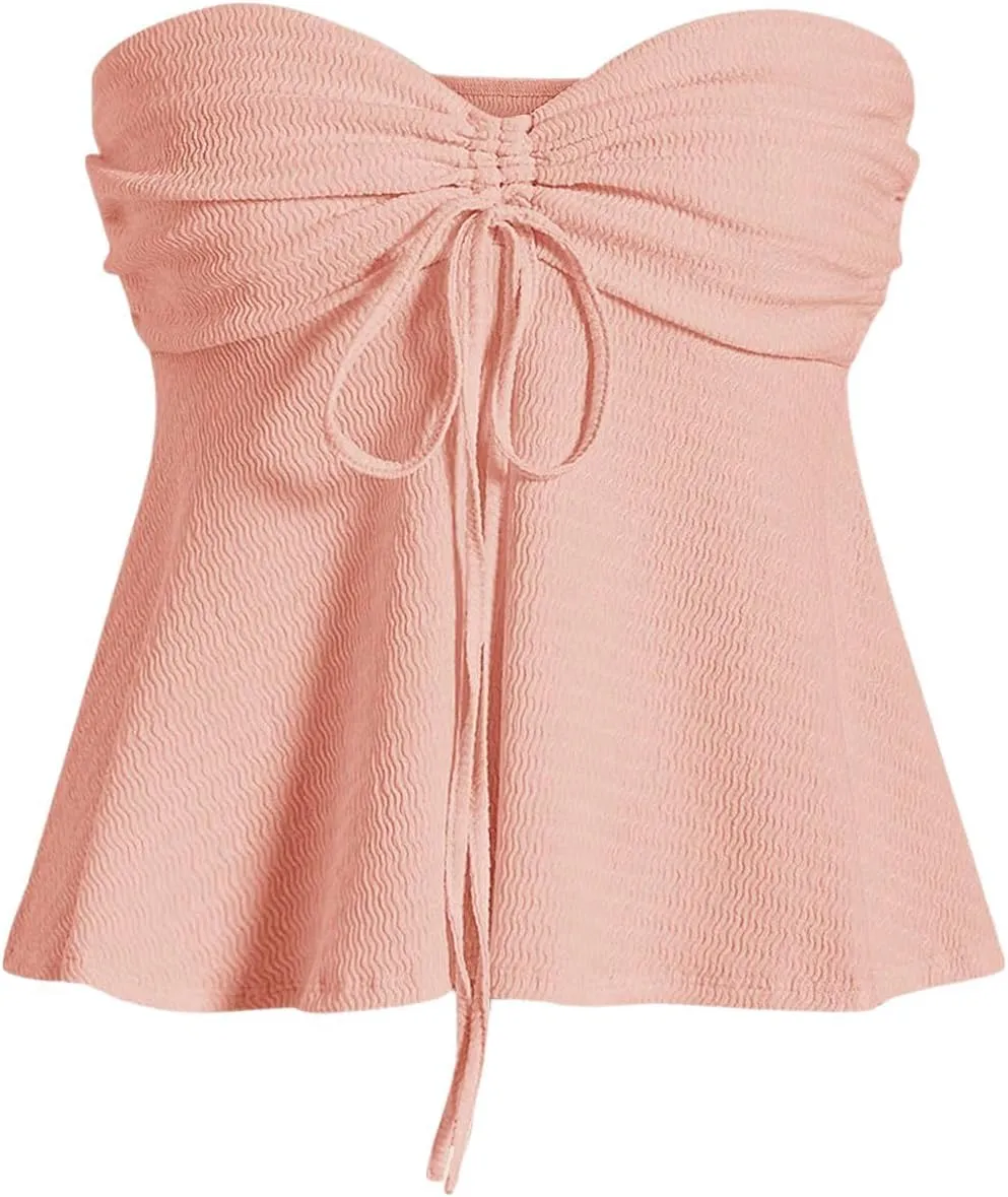 Milumia Women Tie Front Ruched Tube Top Strapless Flared Hem Peplum Bandeau Tops