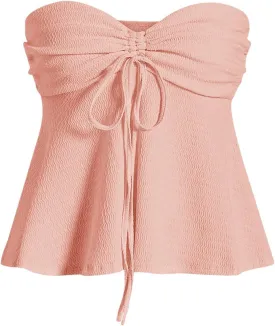 Milumia Women Tie Front Ruched Tube Top Strapless Flared Hem Peplum Bandeau Tops