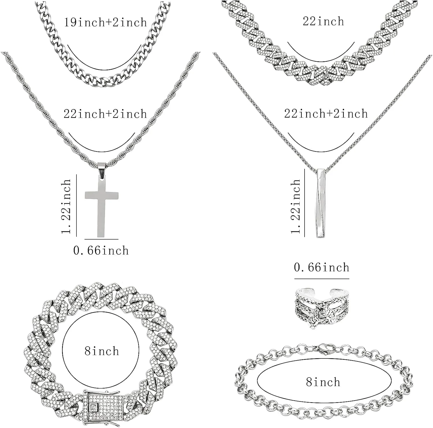 NEWITIN 15 Pieces Silver Jewelry Set for Men Stainless Steel Cuban Link Necklace Bracelet Cross Pendant Necklace Vintage Ring Cuban Jewelry Set for Men Women