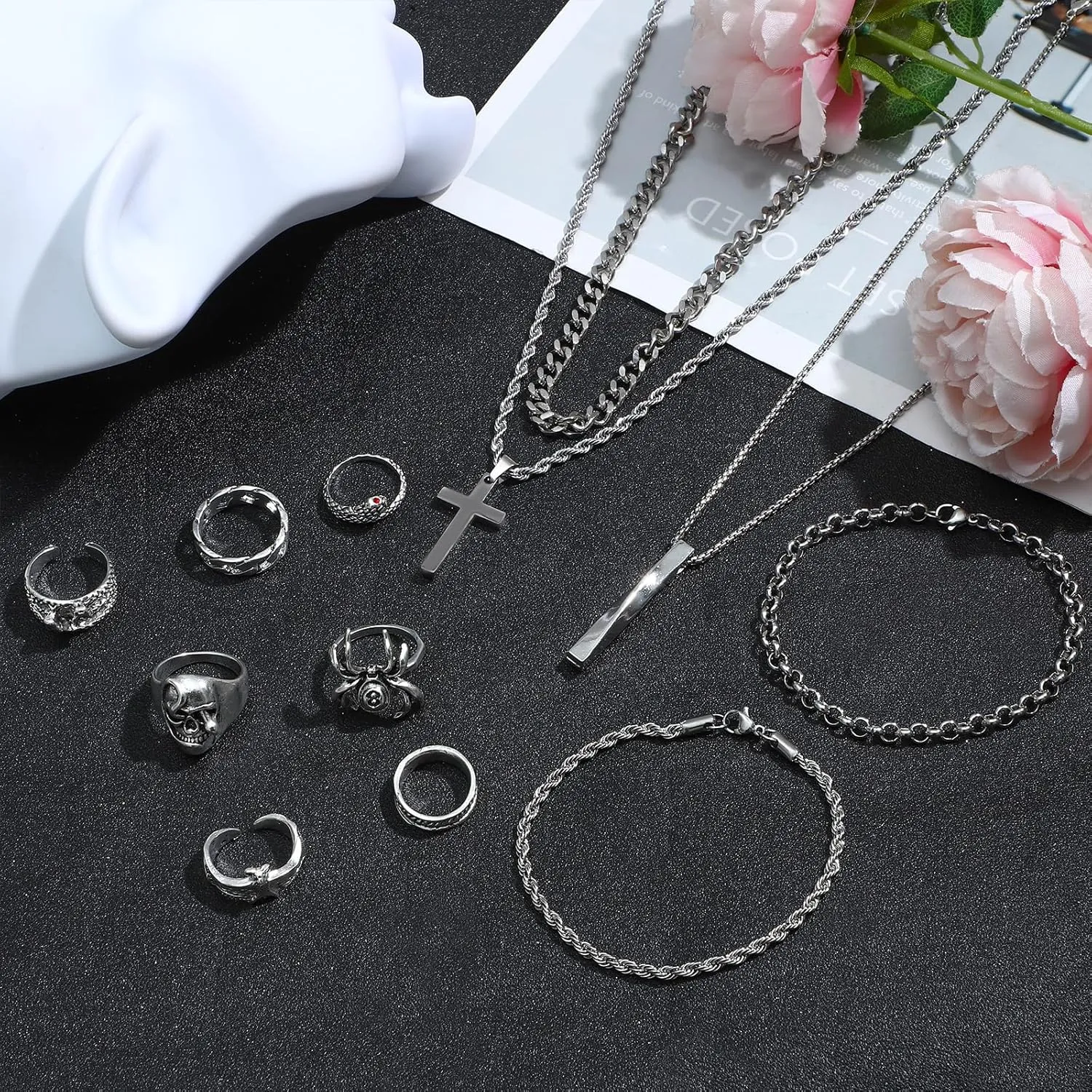 NEWITIN 15 Pieces Silver Jewelry Set for Men Stainless Steel Cuban Link Necklace Bracelet Cross Pendant Necklace Vintage Ring Cuban Jewelry Set for Men Women