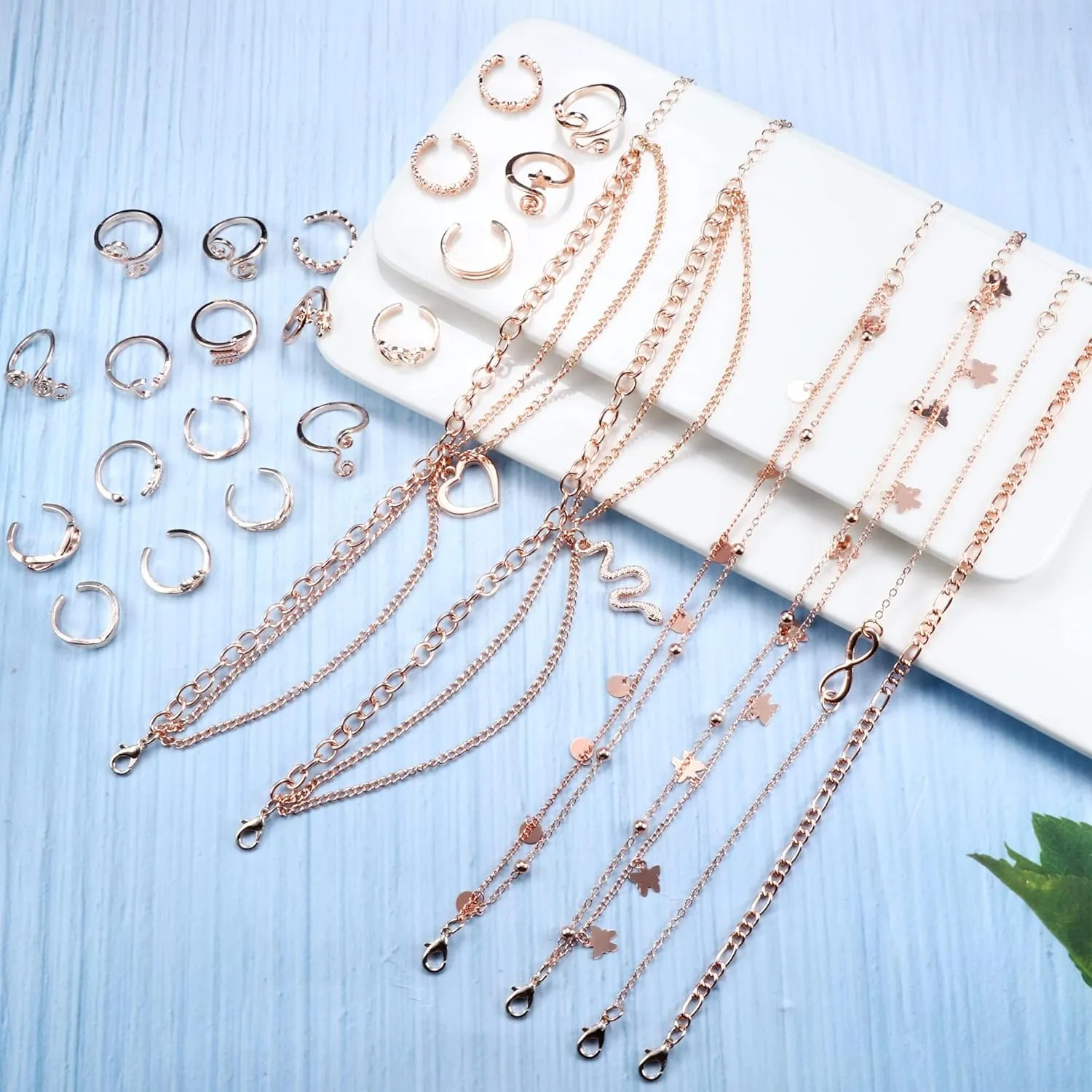 ORAZIO Toe Rings and Ankle Bracelets for Women Silver Rose Gold Plated Anklet Toe Rings Cute Layered Anklets Open Tail Rings Adjustable Beach Foot Jewelry for Summer