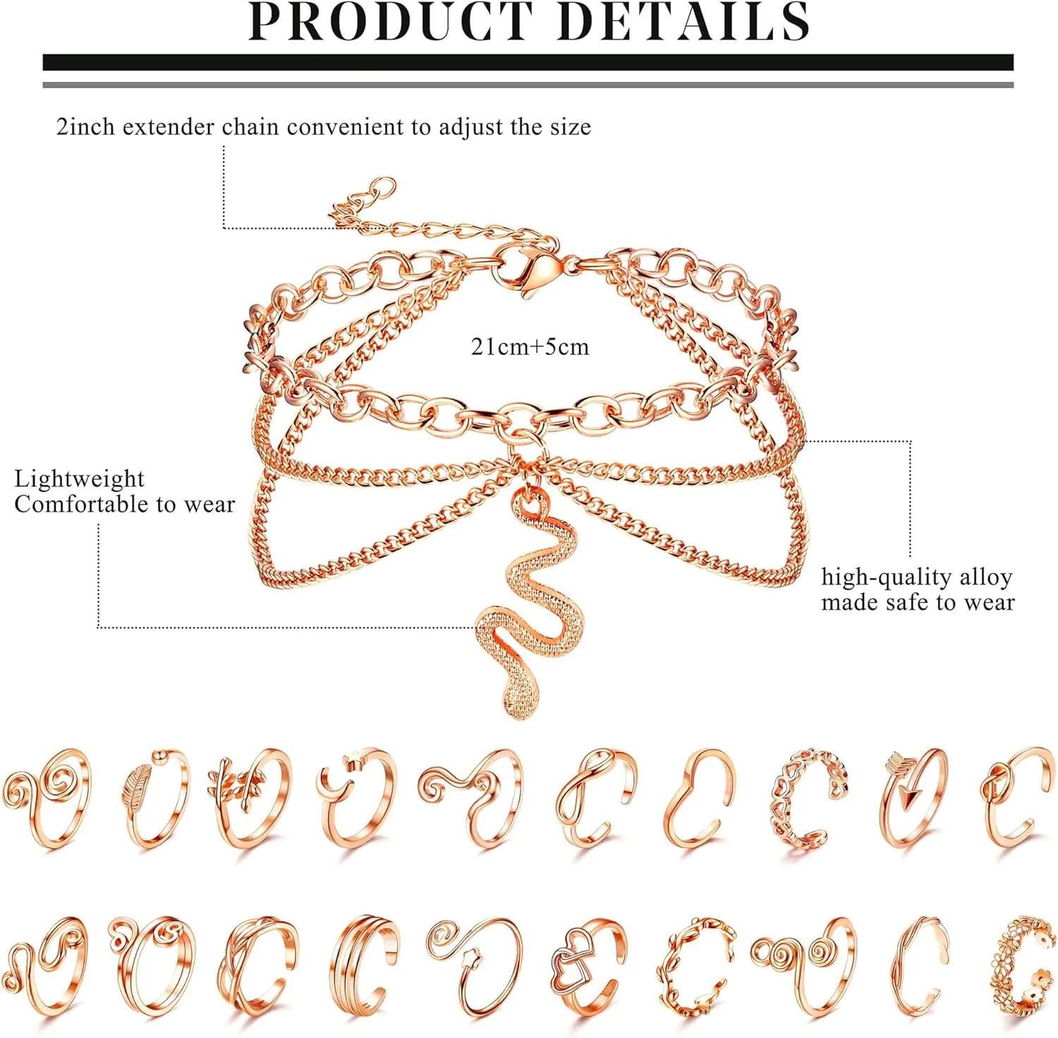 ORAZIO Toe Rings and Ankle Bracelets for Women Silver Rose Gold Plated Anklet Toe Rings Cute Layered Anklets Open Tail Rings Adjustable Beach Foot Jewelry for Summer