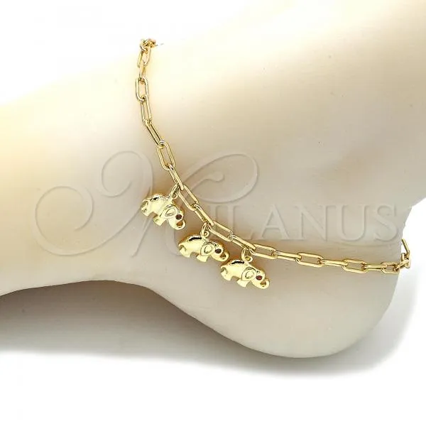 Oro Laminado Charm Anklet , Gold Filled Style Elephant and Paperclip Design, with Garnet Cubic Zirconia, Polished, Golden Finish, 03.63.2165.10