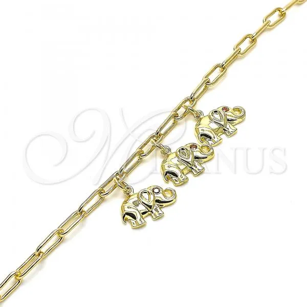 Oro Laminado Charm Anklet , Gold Filled Style Elephant and Paperclip Design, with Garnet Cubic Zirconia, Polished, Golden Finish, 03.63.2165.10