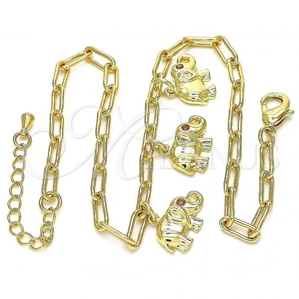 Oro Laminado Charm Anklet , Gold Filled Style Elephant and Paperclip Design, with Garnet Cubic Zirconia, Polished, Golden Finish, 03.63.2165.10