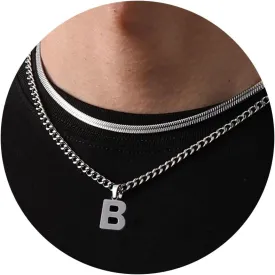 P.BLAKE Layered Initial A-Z Pendant Necklaces Graduation Gifts for Men Boys, Stainless Steel Letter Cuban Link Herringbone Chain Fashion Jewelry Gifts