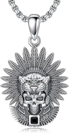 PELOVNY Aztec Jewelry 925 Sterling Silver Skull Necklace Mictlantecuhtli Tezcatlipoca Mexico Necklace Jaguar Warrior Mayan Mexican Jewelry Aztec Gifts for Men Women Unisex