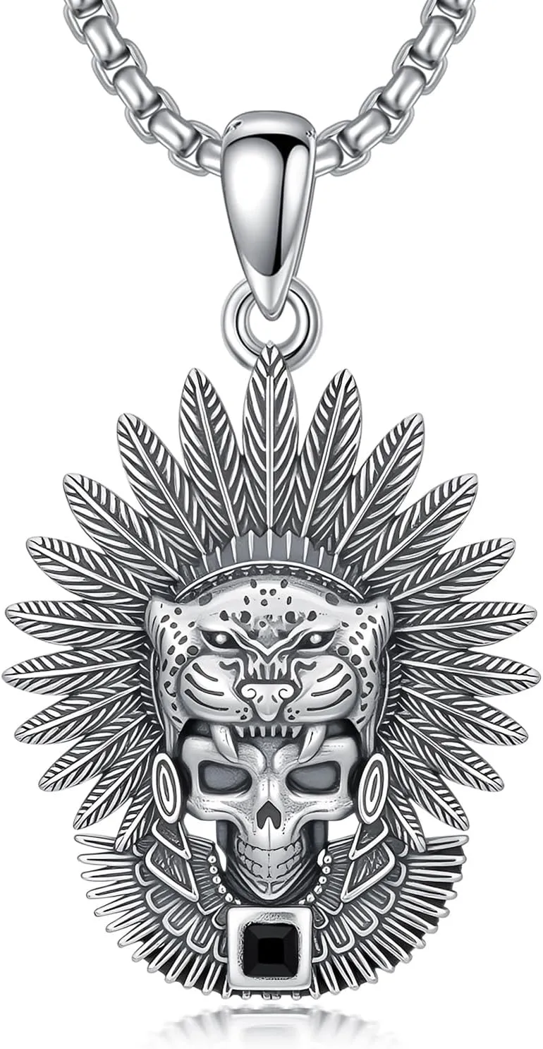PELOVNY Aztec Jewelry 925 Sterling Silver Skull Necklace Mictlantecuhtli Tezcatlipoca Mexico Necklace Jaguar Warrior Mayan Mexican Jewelry Aztec Gifts for Men Women Unisex