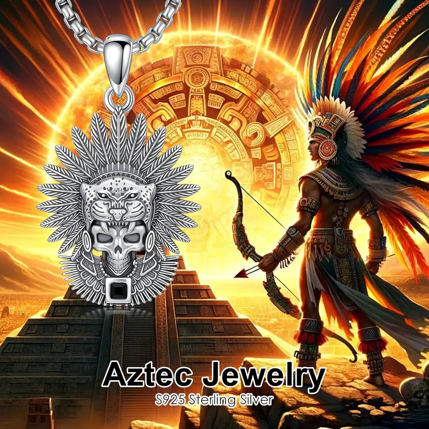 PELOVNY Aztec Jewelry 925 Sterling Silver Skull Necklace Mictlantecuhtli Tezcatlipoca Mexico Necklace Jaguar Warrior Mayan Mexican Jewelry Aztec Gifts for Men Women Unisex