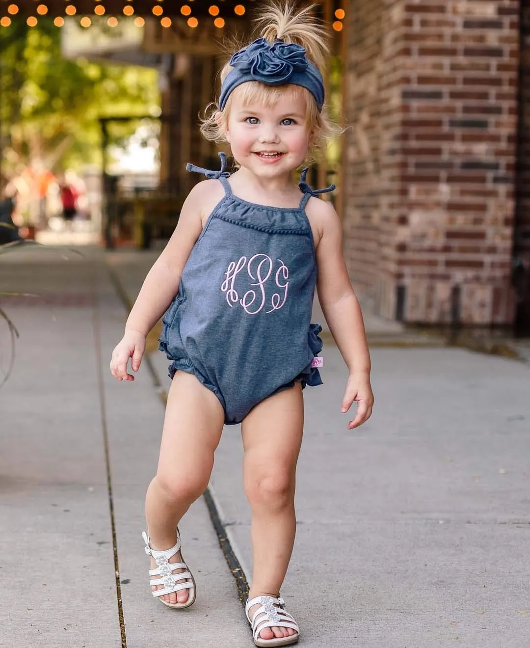 RuffleButts Girls Soft and Strechy Blue Faux Denim Headband - One Size