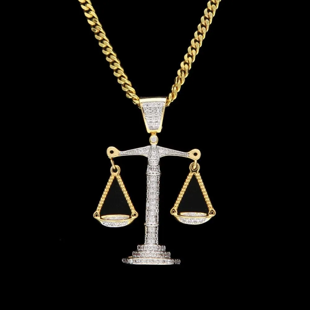 Scales of Justice Necklace Balance Libra Pendant Gold Plated Copper Necklace Zircon Iced Out Jewery for Men and Women Chain 24 inches