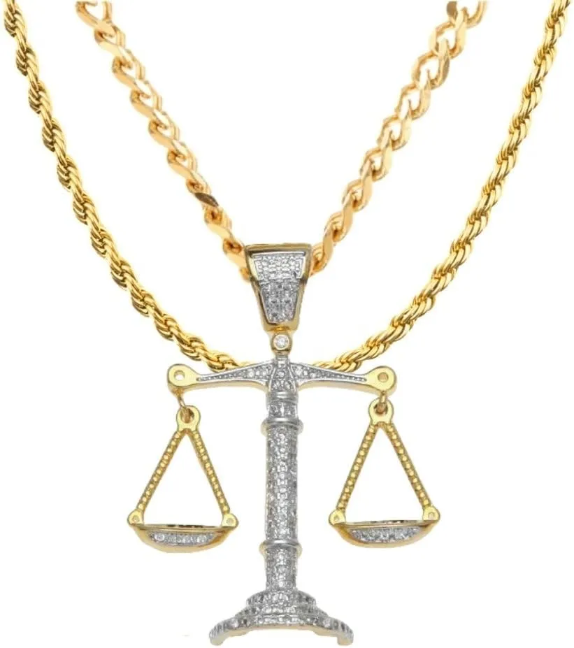 Scales of Justice Necklace Balance Libra Pendant Gold Plated Copper Necklace Zircon Iced Out Jewery for Men and Women Chain 24 inches