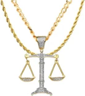 Scales of Justice Necklace Balance Libra Pendant Gold Plated Copper Necklace Zircon Iced Out Jewery for Men and Women Chain 24 inches