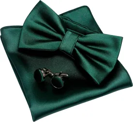 Solid Color mens Pre-tied Bow Tie and Pocket Square Cufflinks Sets with Gift Box