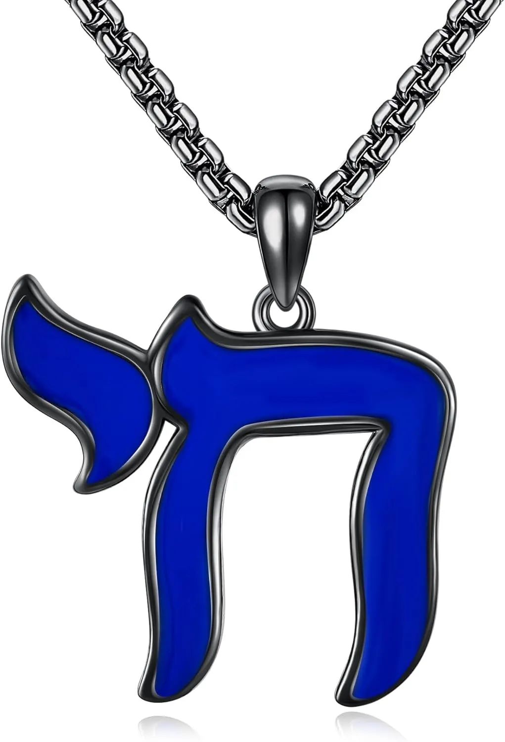 Sterling Silver Black Chai Pendant Hebrew Necklace Jewish Chai Jewelry for Women Men