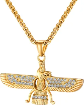 TEMICO Men's 18K Gold Plated Stainless Steel Persian Zoroastrianism Farvahar Pendant Necklace Zarathustra Ahura Mazda Iran Symbol Gift Jewelry