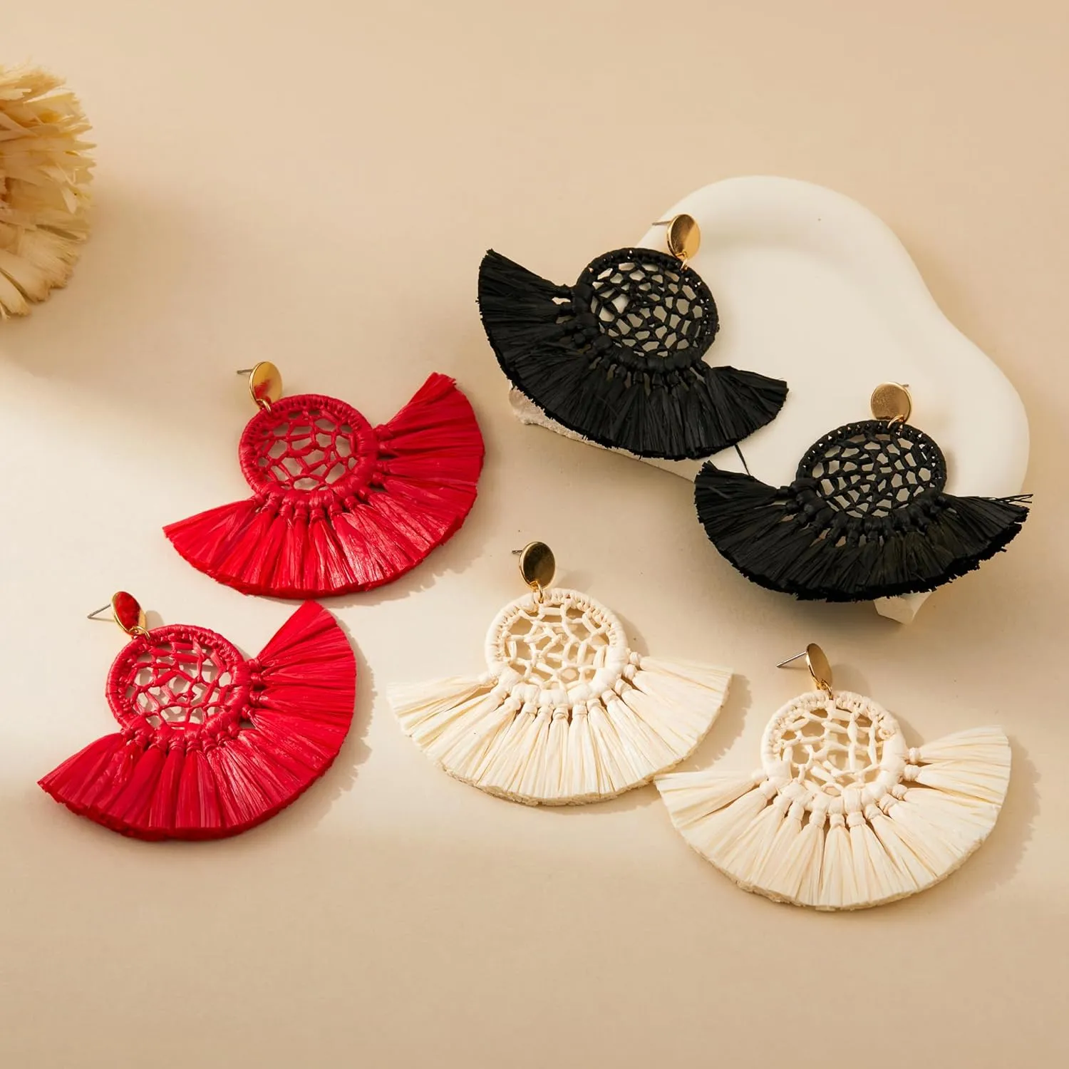 Viva Joya Boho Oversized Raffia Fan Tassel Earrings for Women, Large Statement Dangle Drop, Lightweight Handmade Woven Beach Jewelry