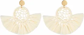 Viva Joya Boho Oversized Raffia Fan Tassel Earrings for Women, Large Statement Dangle Drop, Lightweight Handmade Woven Beach Jewelry