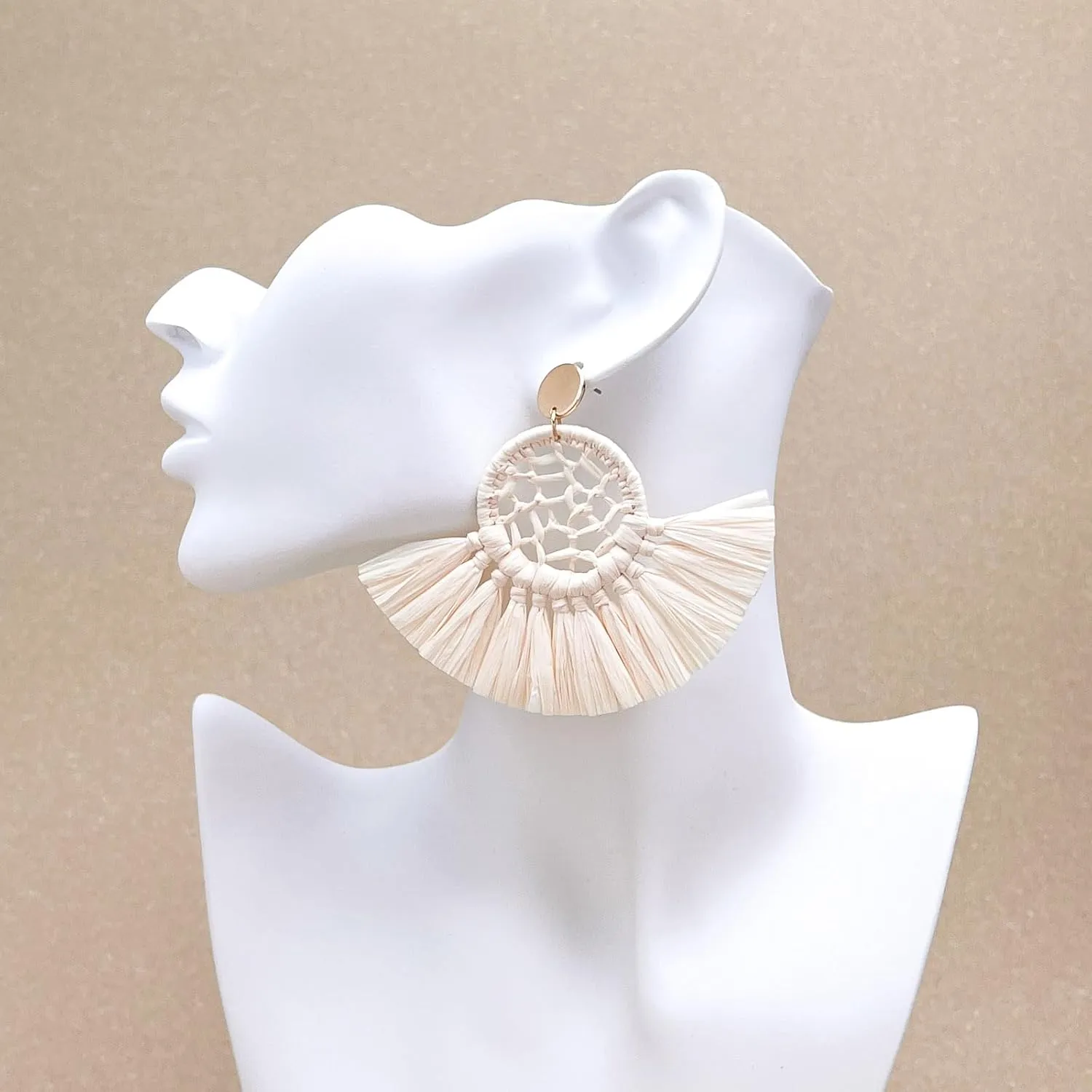 Viva Joya Boho Oversized Raffia Fan Tassel Earrings for Women, Large Statement Dangle Drop, Lightweight Handmade Woven Beach Jewelry